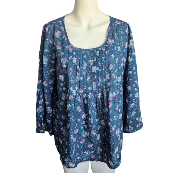 J. Jill Women Floral Pintuck Round Neck 100% Cotton Blouse Medium - Picture 2 of 10